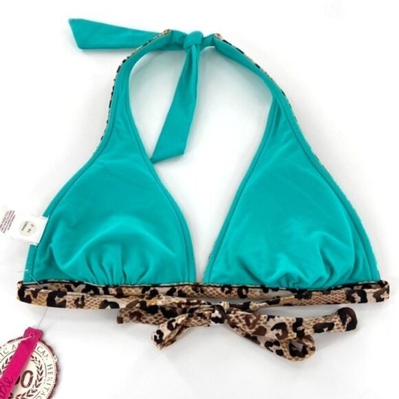 Reversible Halter Tie Bikini Top Junior Sz S Tan Black Animal Print Teal FLAW - Picture 2 of 15